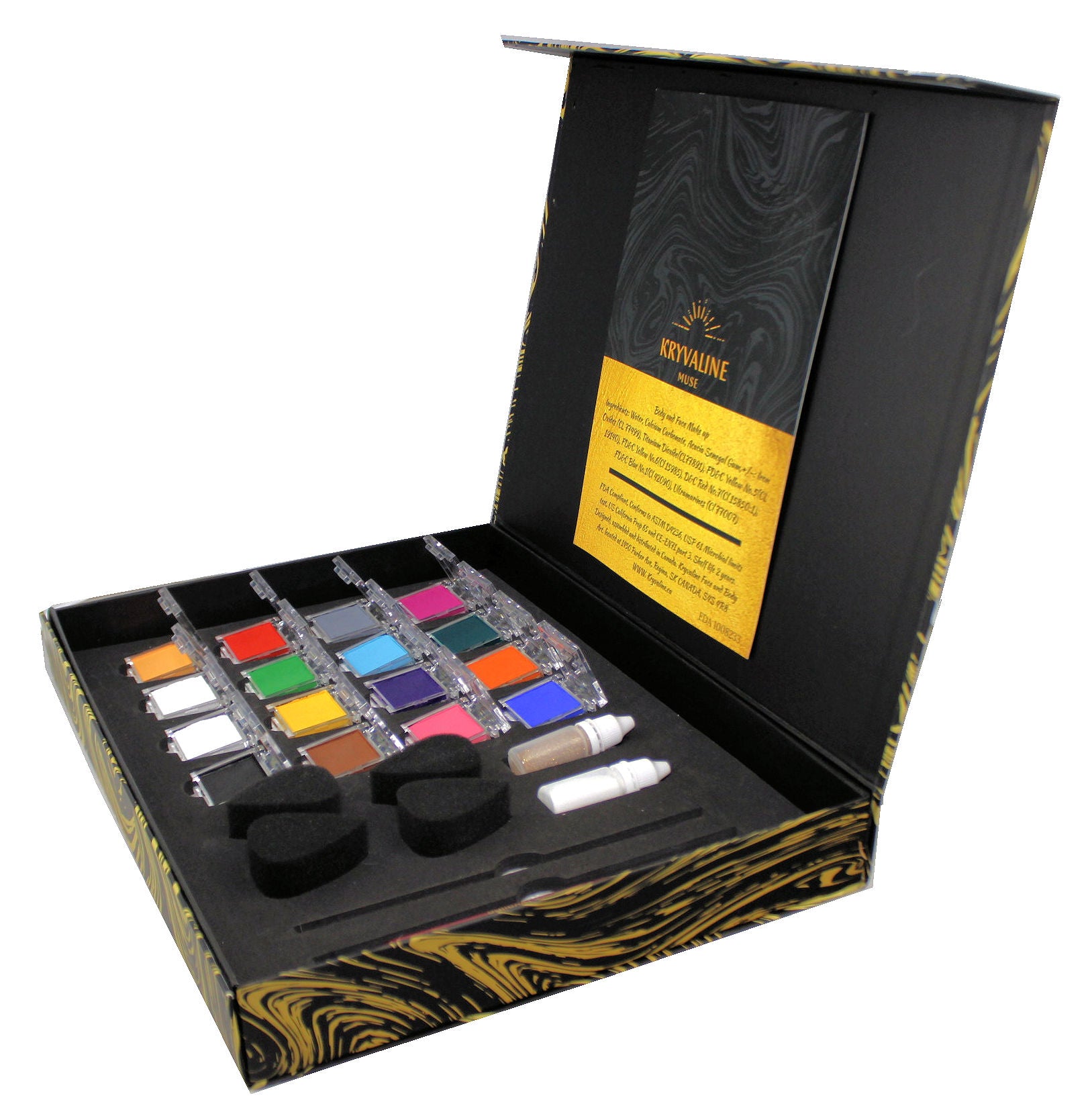 Muse Kit Matte Colors with 10g each color, brushes and glitters - Kryvaline Body Art Makeup | Glitter Tattoos, Face & Body Paint, Design - Kryvaline Body Art Makeup