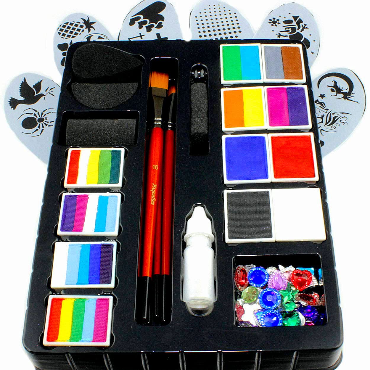 Face Painting kit Kryvaline Professionals with Stencils, Brushes and Fine Glitters in Spill Proof Bottle Plus Skin Jewels - Kryvaline Body Art Makeup | Glitter Tattoos, Face & Body Paint, Design - Kryvaline Body Art Makeup