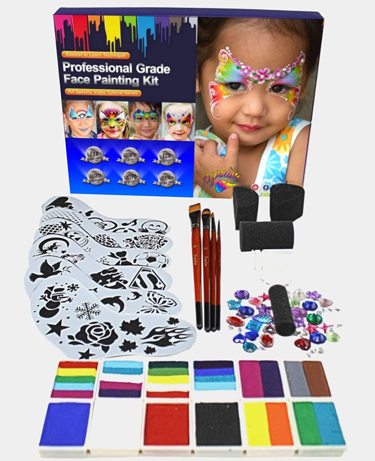 Face Painting kit Kryvaline Professionals with Stencils, Brushes and Fine Glitters in Spill Proof Bottle Plus Skin Jewels - Kryvaline Body Art Makeup | Glitter Tattoos, Face & Body Paint, Design - Kryvaline Body Art Makeup