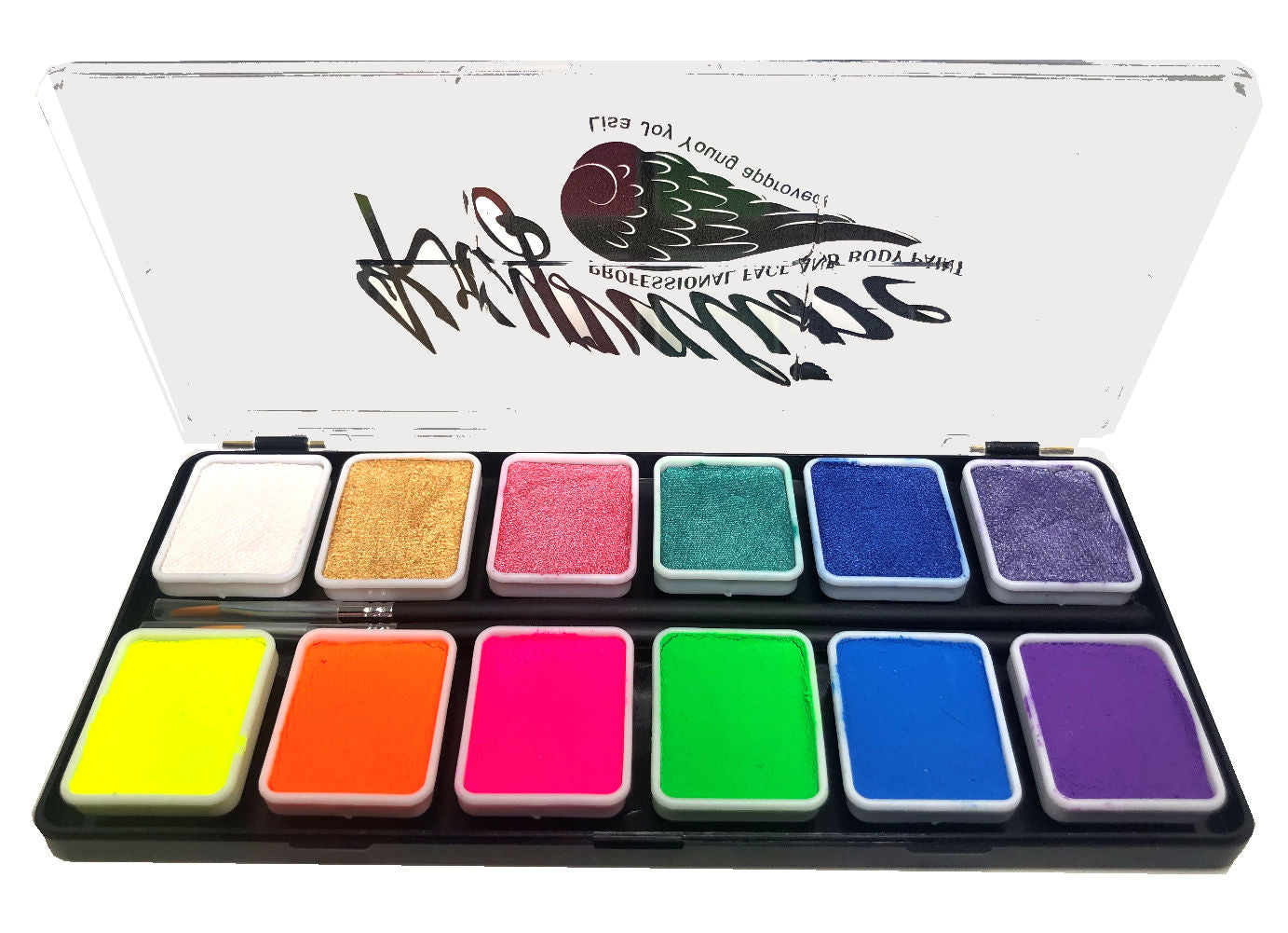 Kryvaline 12 Single Colors Metallic and Neon Palette 6g Each - Kryvaline Body Art Makeup | Glitter Tattoos, Face & Body Paint, Design - Kryvaline Body Art Makeup